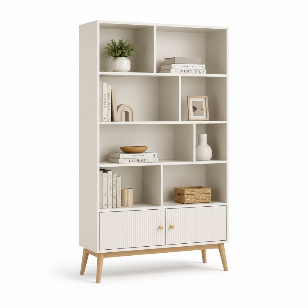 Bibliothèque haute avec 8 compartiments et mobile à 2 portes en MDF et truciolaire, blanc cassé, 90 × 30 × 170 cm