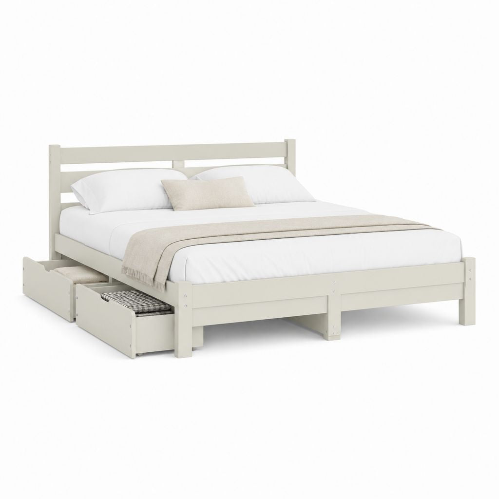 Lit double en pin massif blanc cassé avec 2 tiroirs, pour matelas 160 × 200 cm, dimensions 209 × 168 × 100 cm