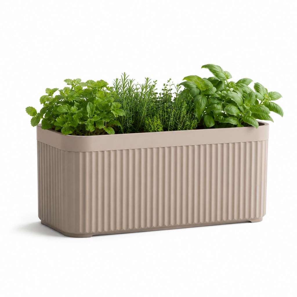 Fleur rectangulaire en polypropylène cannelé tourterelle, 60 × 25 × 30 cm