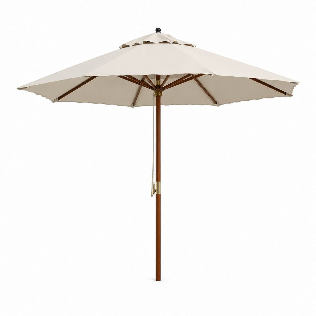 Parasol rond d'extérieur en polyester et bois massif, beige, Ø 300 × 250 cm