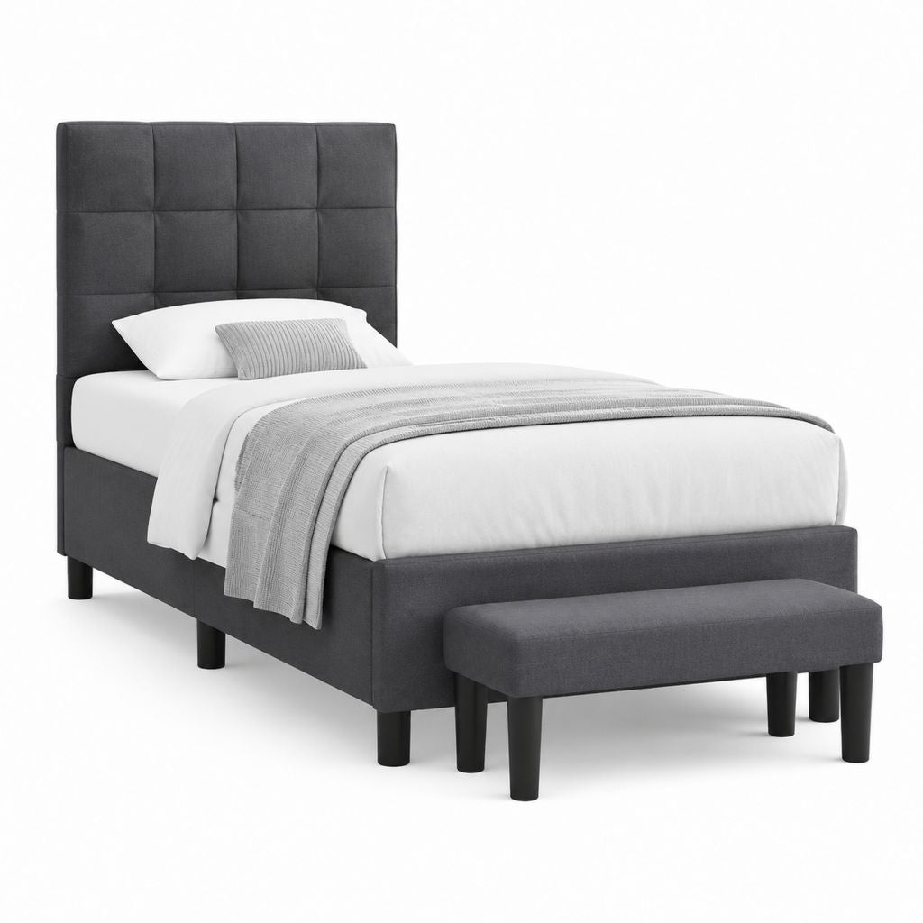 Ensemble lit simple rembourré en tissu avec banc, pour matelas 90 × 200 cm, gris anthracite et noir