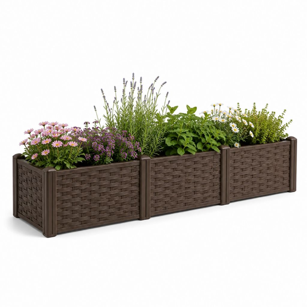 Ensemble de 3 jardinières rectangulaires rectangulaires en polypropylène effet rotin brun foncé, 40 × 40 × 38 cm chacune, dimensions totales 120 × 40 × 38 cm