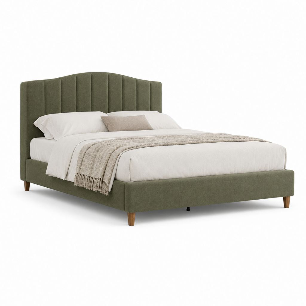 Lit double rembourré en tissu vert olive 171 × 215 × 120 cm, filet 160 × 200 cm