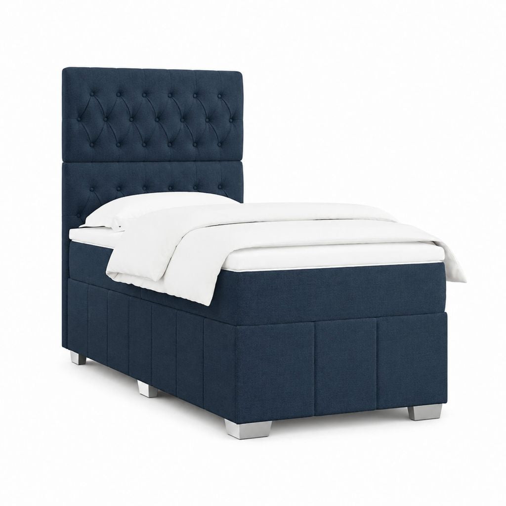Lit simple en tissu bleu foncé avec matelas et tête de lit capitonné, surface 90 × 200 cm, dimensions 208 × 96 × 140 cm