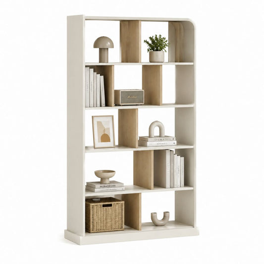 Bibliothèque rectangulaire en MDF à 5 étagères, blanc cassé et chêne clair, 96 × 32 × 180 cm
