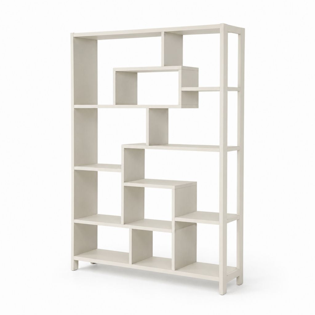 Bibliothèque rectangulaire blanche avec étagères géométriques en mélaminé et structure en acier, 120 × 30 × 180 cm