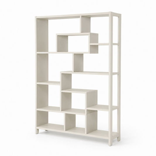 Bibliothèque rectangulaire blanche avec étagères géométriques en mélaminé et structure en acier, 120 × 30 × 180 cm