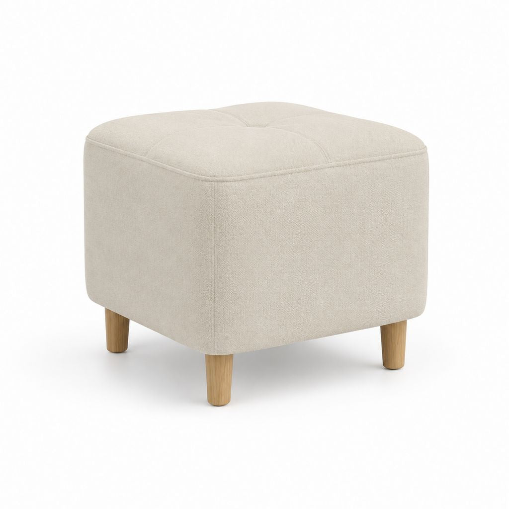 Poggiapieds rembourré carré en polyester beige avec pieds en bois massif, 43 × 43 × 43 cm