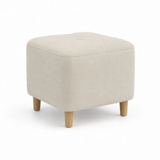 Poggiapieds rembourré carré en polyester beige avec pieds en bois massif, 43 × 43 × 43 cm