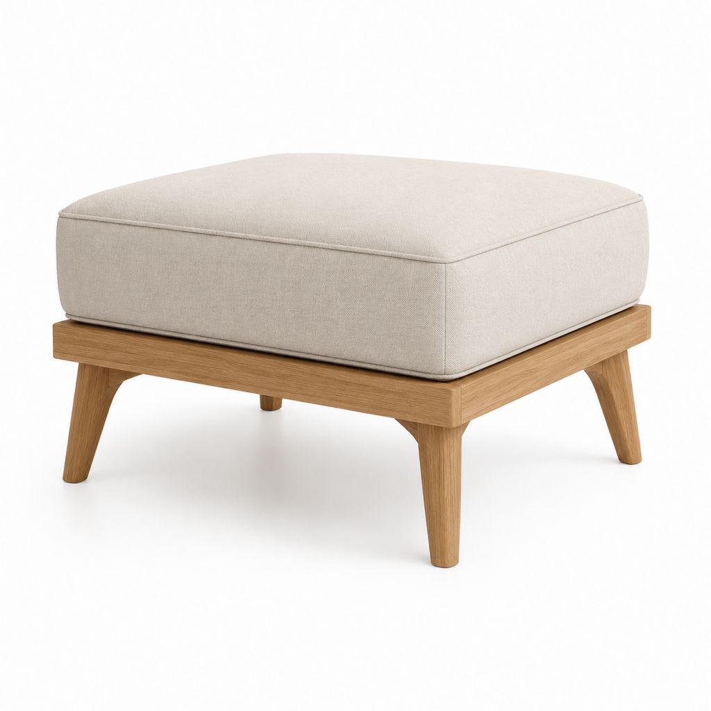 Poggiapieds carrés rembourrés en tissu beige et bois naturel, 70 × 70 × 44 cm