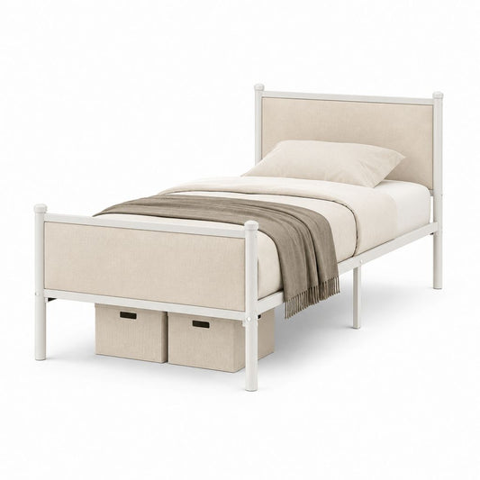 Lit simple 90 × 200 cm avec tête de lit rembourrée, structure en acier blanc et tissu beige, 208 × 98 × 110 cm