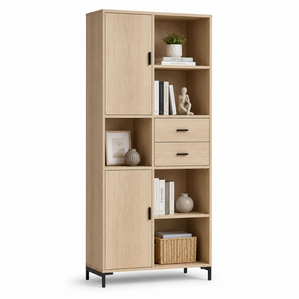 Bibliothèque haute en bois et acier avec 2 portes, 2 tiroirs et 5 compartiments ouverts, chêne clair et noir, 80 × 35 × 180 cm