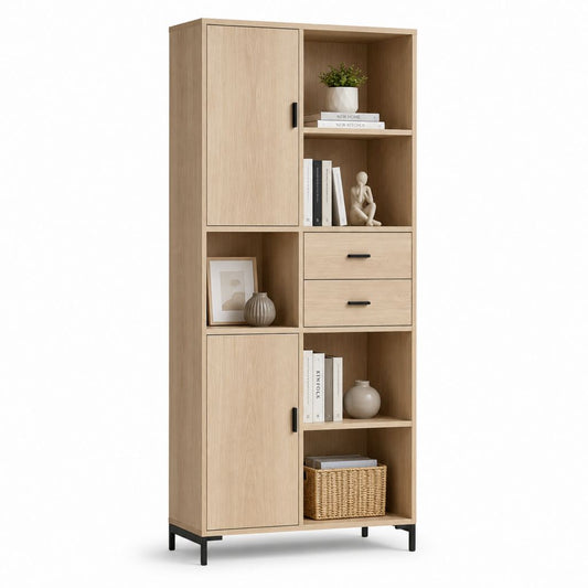 Bibliothèque haute en bois et acier avec 2 portes, 2 tiroirs et 5 compartiments ouverts, chêne clair et noir, 80 × 35 × 180 cm