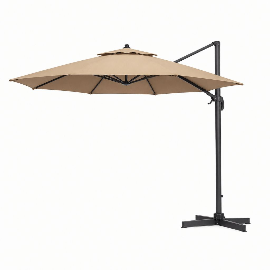 Parasol de jardin décentralisé octogonal en polyester et acier tourterelle, Ø 300 × 260 cm