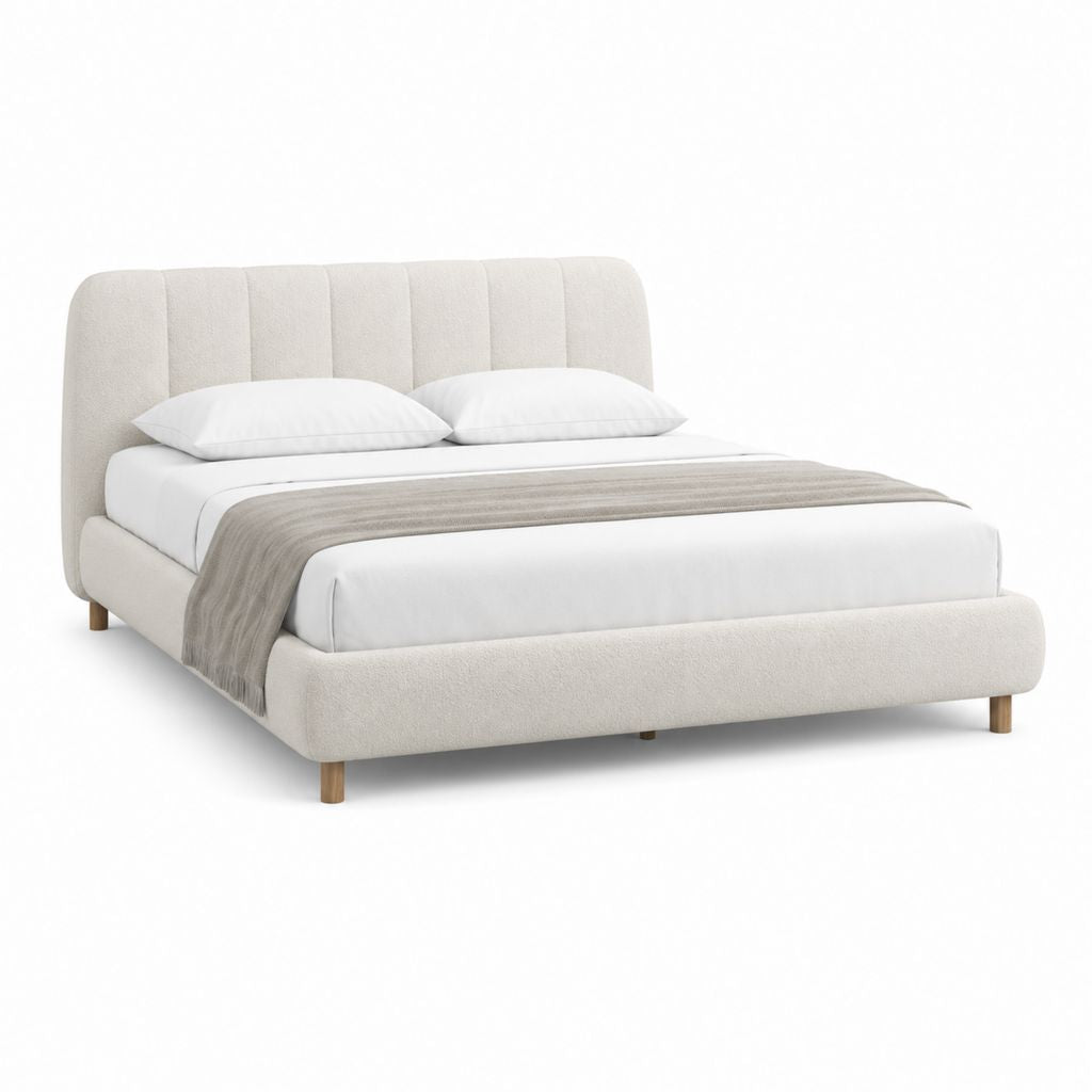 Lit double rembourré en tissu bouclé ivoire, pour matelas 160 × 200 cm, dimensions 180 × 220 × 105 cm