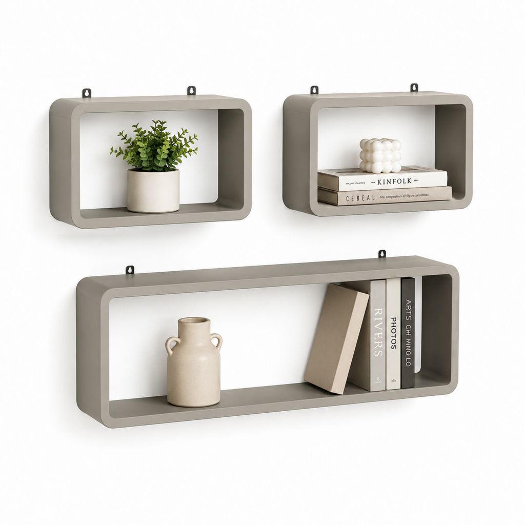 Ensemble de 3 étagères rectangulaires en acier tourterelle, 2 de 40 × 15 × 25 cm et 1 de 70 × 15 × 25 cm