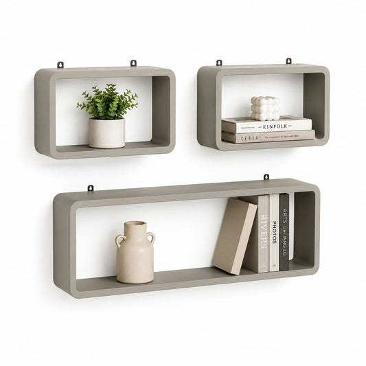 Ensemble de 3 étagères rectangulaires en acier tourterelle, 2 de 40 × 15 × 25 cm et 1 de 70 × 15 × 25 cm