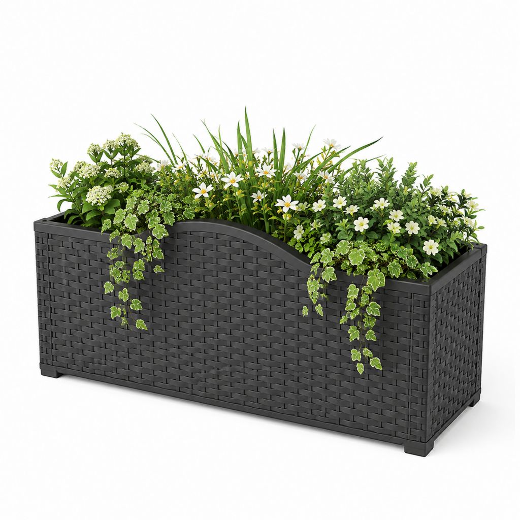 Fleur rectangulaire d'extérieur en polypropylène effet rotin, anthracite, 100 × 43 × 35 cm