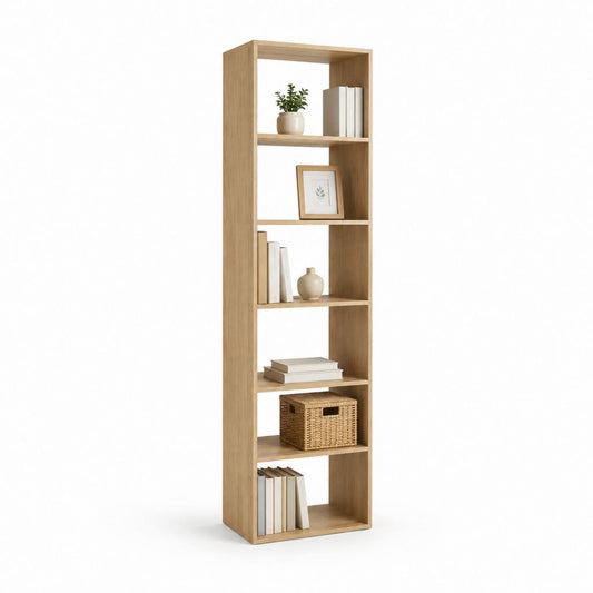 Bibliothèque rectangulaire en panneau truciolaire mélaminique à 6 compartiments, chêne naturel, 50 × 24 × 180 cm