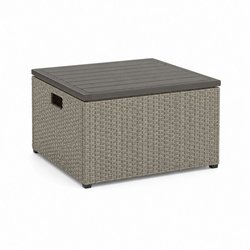 Table basse de rangement rectangulaire en résine tressée PE, acier et plastique, gris, 70 × 60 × 45 cm