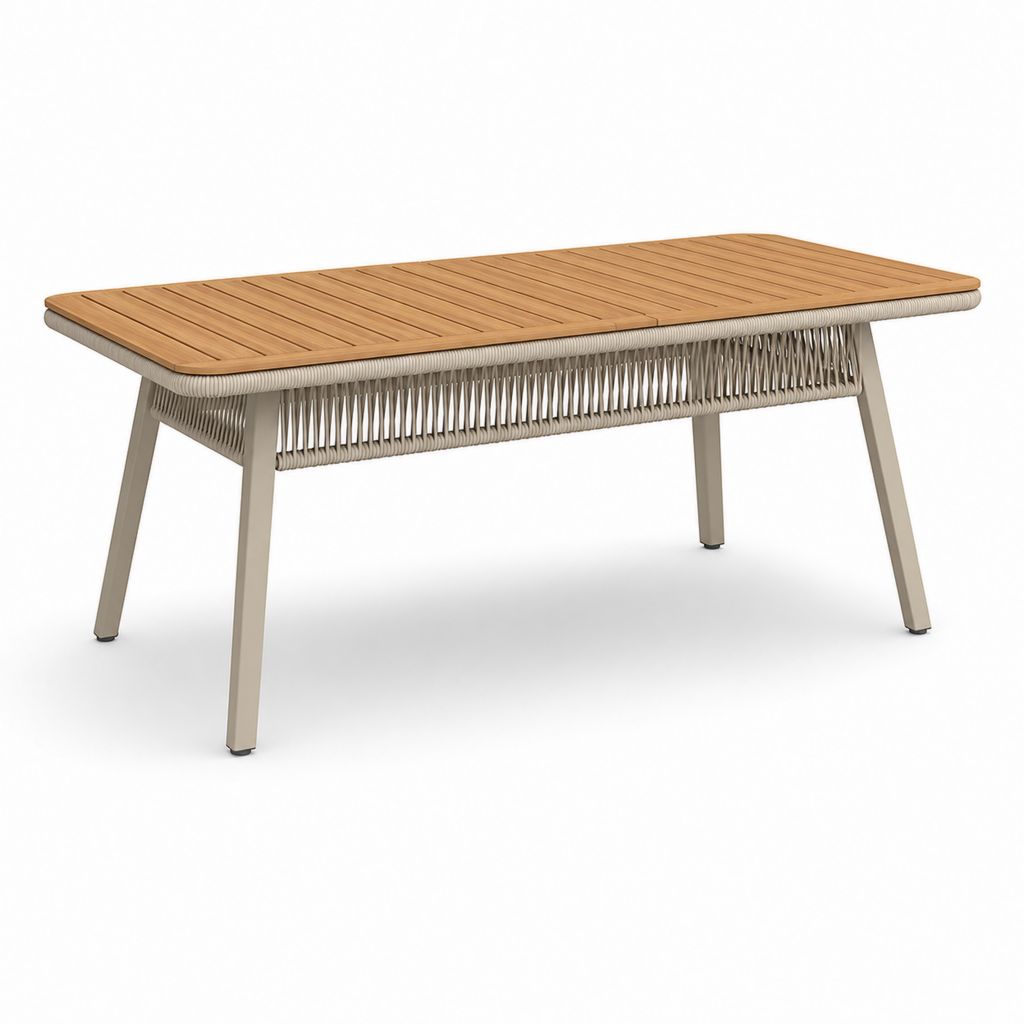 Table rectangulaire d'extérieur en teck massif, aluminium et corde PE, naturel et beige, 180 × 90 × 75 cm