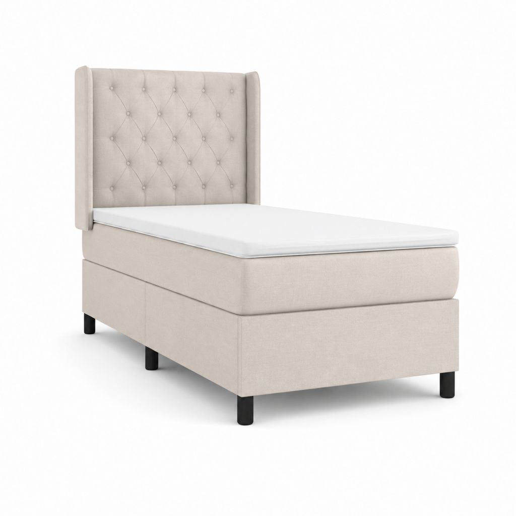 Lit simple boxspring en tissu beige 90 × 200 cm avec matelas, topper et tête de lit capitonné, dimensions 105 × 215 × 120 cm