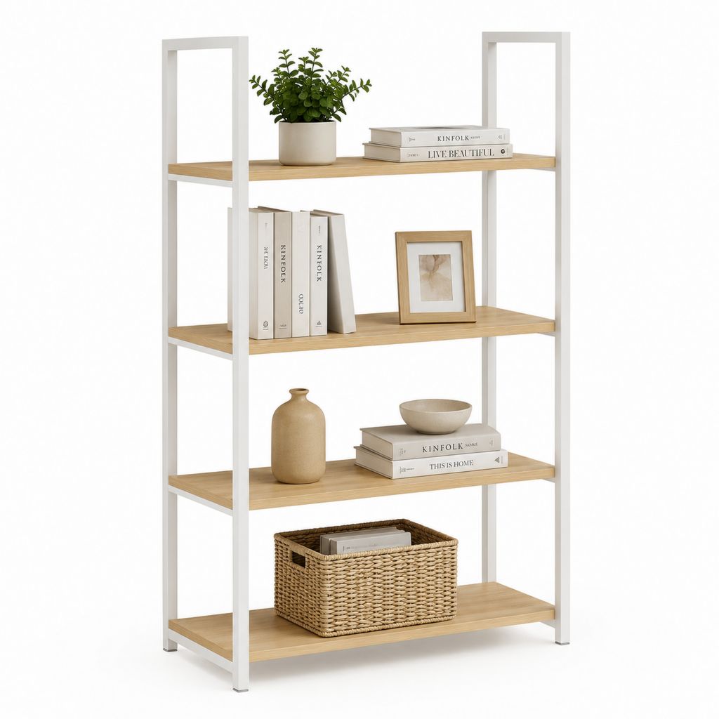 Bibliothèque étagère à 4 étagères en acier, chêne et blanc, 80 × 30 × 150 cm