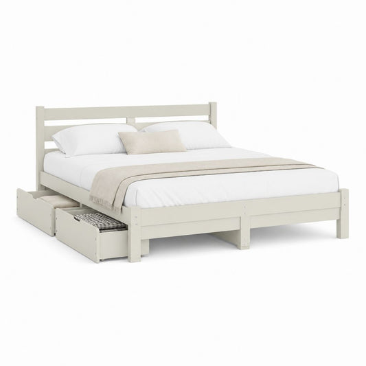 Lit double en pin massif blanc cassé avec 2 tiroirs, pour matelas 160 × 200 cm, dimensions 209 × 168 × 100 cm