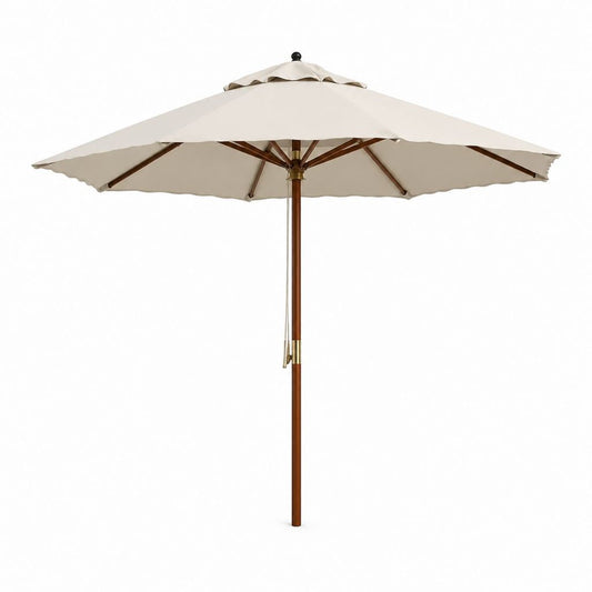 Parasol rond d'extérieur en polyester et bois massif, beige, Ø 300 × 250 cm