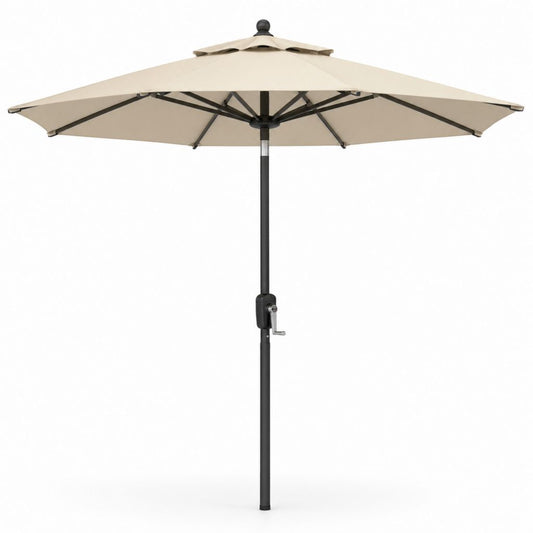 Parasol de jardin octogonal Ø 300 × H 250 cm en polyester beige avec poteau en acier noir et manivelle