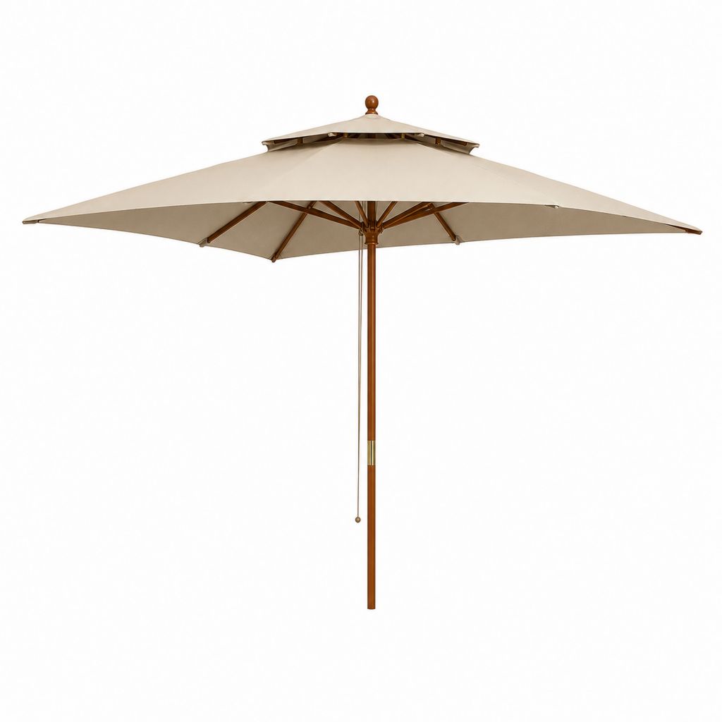 Parasol extérieur carré 300 × 300 × 270 cm en polyester beige avec poteau en bois et double toit