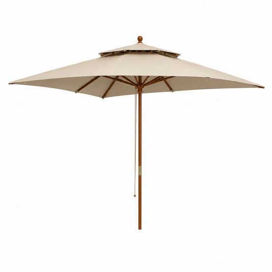 Parasol extérieur carré 300 × 300 × 270 cm en polyester beige avec poteau en bois et double toit