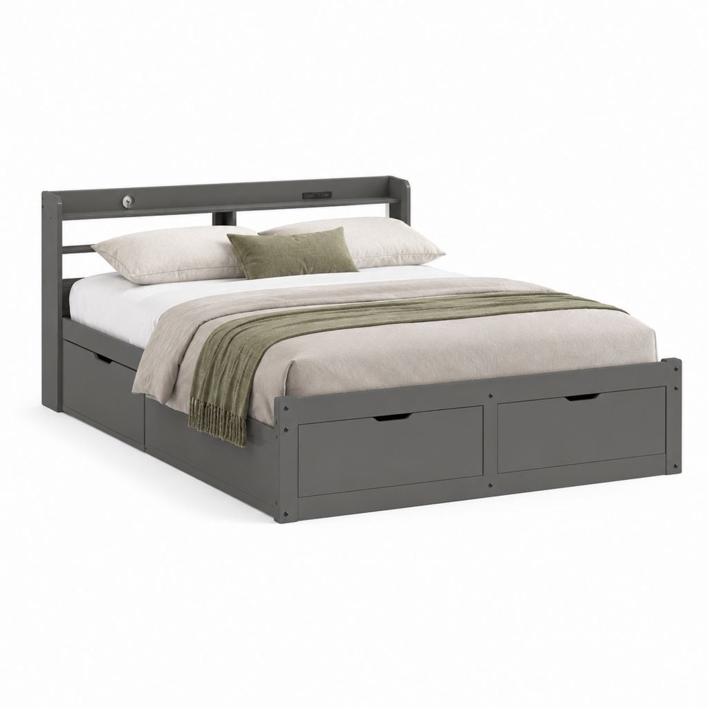Lit double conteneur 160 × 200 cm en bois et MDF anthracite gris avec 4 tiroirs, ports USB et lumière LED