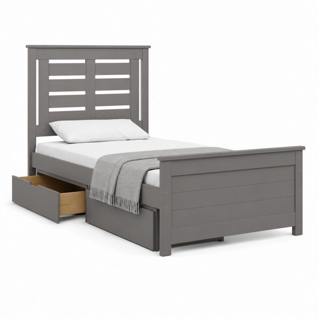 Lit simple rectangulaire en pin massif gris avec 2 tiroirs, 202 × 100 × 112 cm, pour matelas 90 × 190 cm