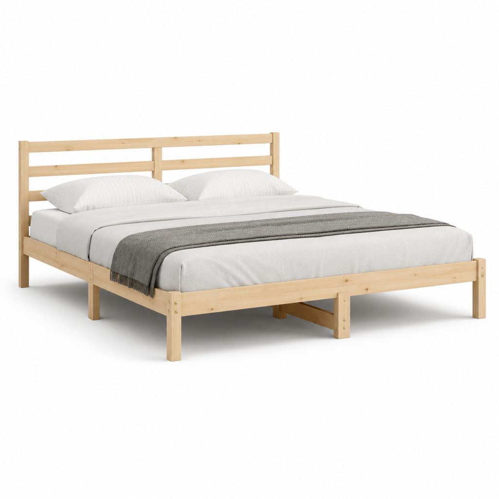 Lit double 180 × 200 cm en bois massif de pin naturel avec filet à lattes et tête de lit, beige naturel