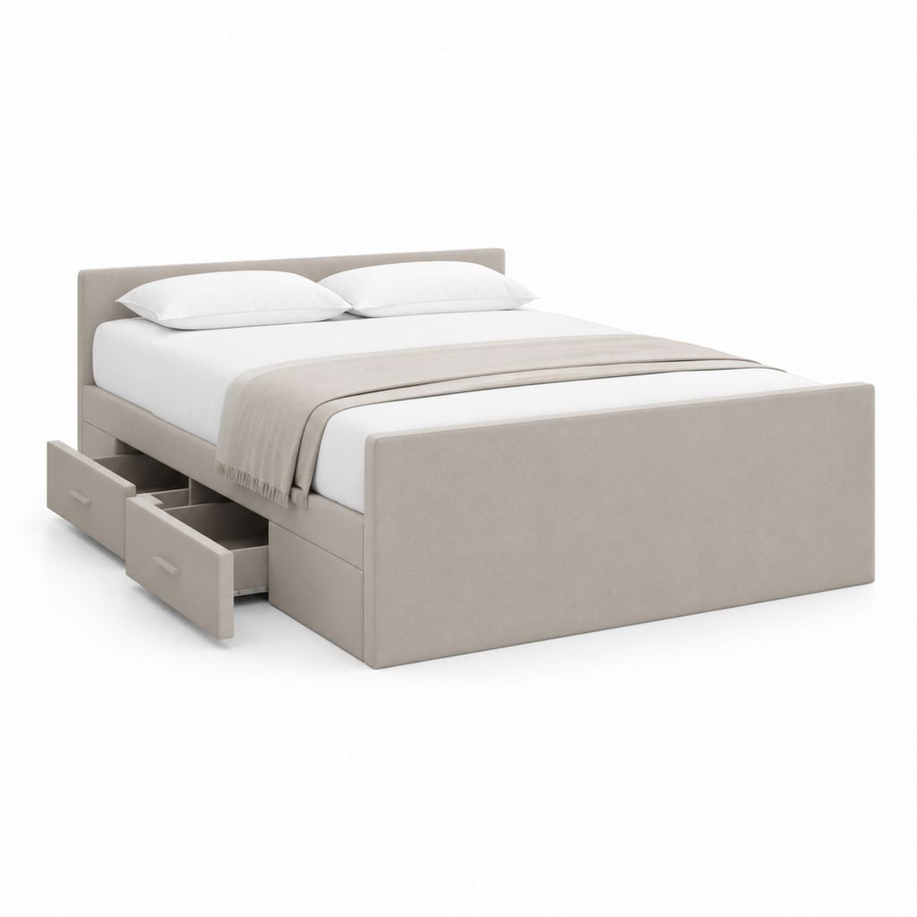 Lit double rembourré beige avec 2 tiroirs et filet 160 × 200 cm, dimensions 171 × 218 × 105 cm