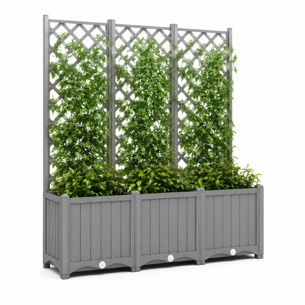 Ensemble de 3 jardinières rectangulaires d'extérieur avec pylône en polypropylène gris et blanc, 120 × 40 × 136 cm