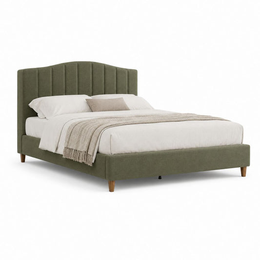 Lit double rembourré en tissu vert olive 171 × 215 × 120 cm, filet 160 × 200 cm