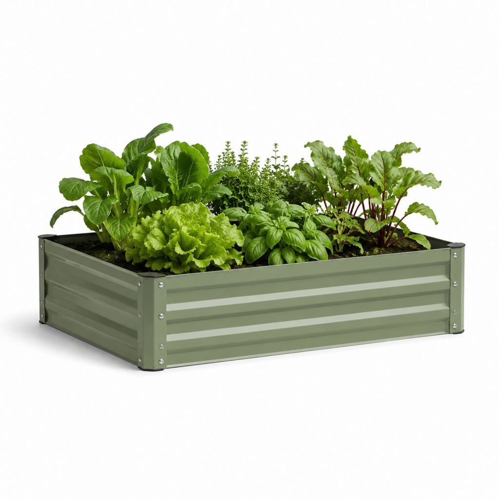 Fleur remontante rectangulaire en acier vert sauge, 120 × 60 × 30 cm